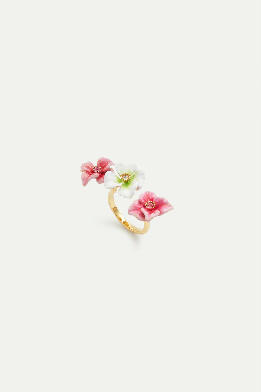 Anillo ajustable con flor de hortensia rosa y blanca