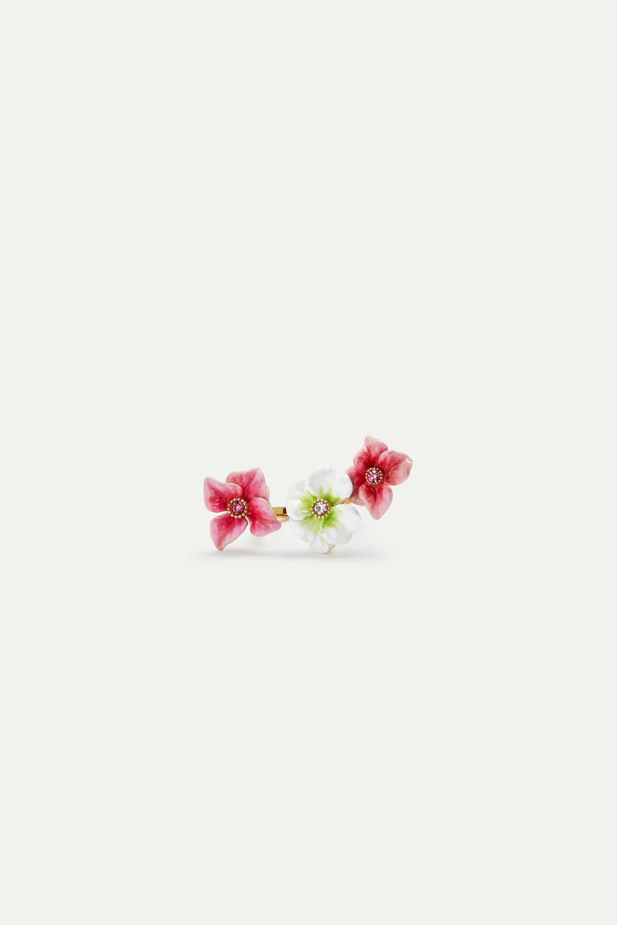 Anillo ajustable con flor de hortensia rosa y blanca