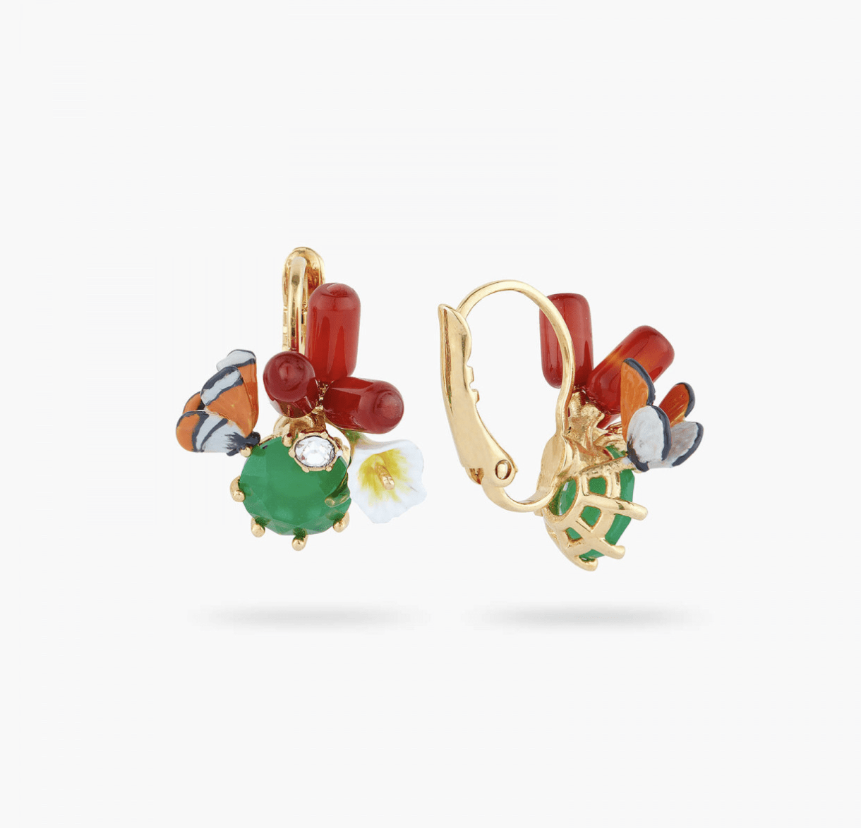 Monarch butterfly and green stone earrings. Floating Garden