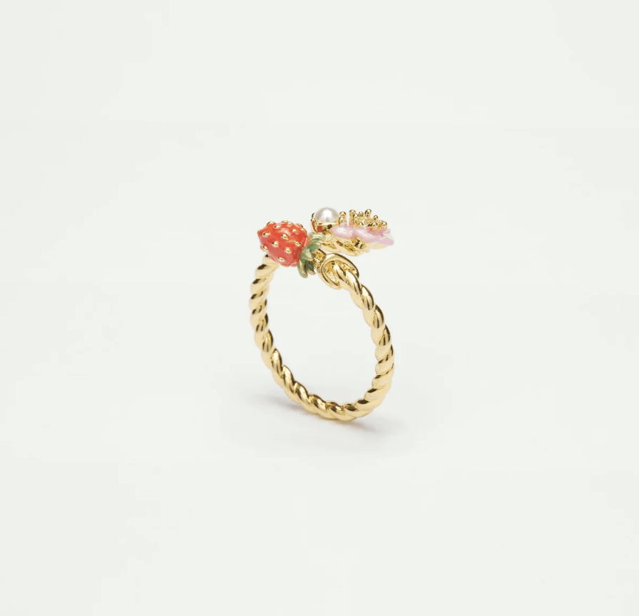 Anillo ajustable fresa silvestre y flor rosa Le Coquelicot Shop