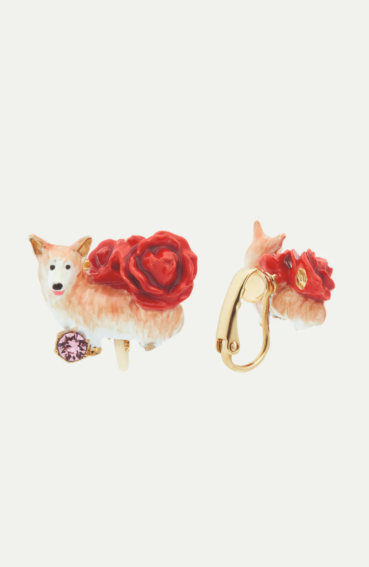 Pendientes bolitas corgi con rosas rojas