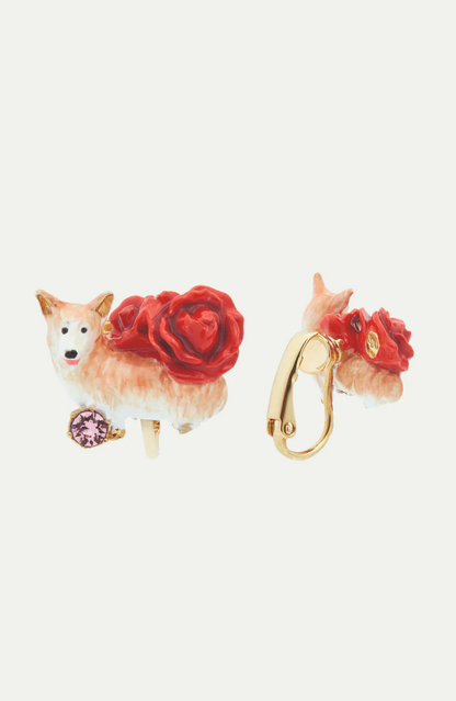 Pendientes bolitas corgi con rosas rojas