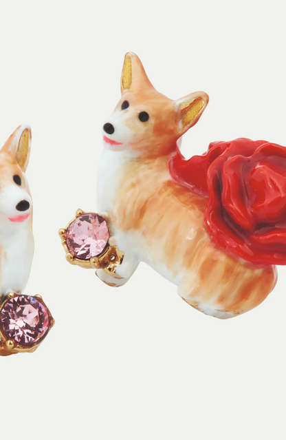 Pendientes bolitas corgi con rosas rojas