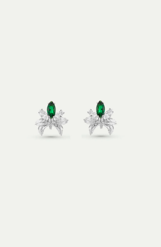 Pendientes plateados de orquídea y piedras blancas y verde