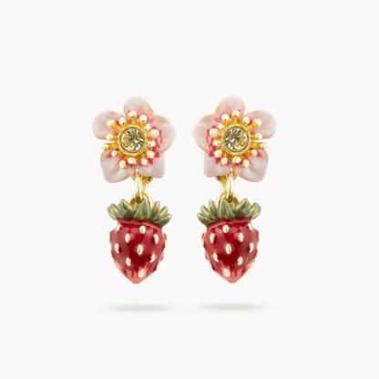 Wild strawberry and rose flower ball earrings