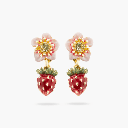 Wild strawberry and rose flower ball earrings