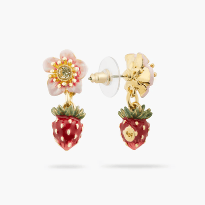 Wild strawberry and rose flower ball earrings