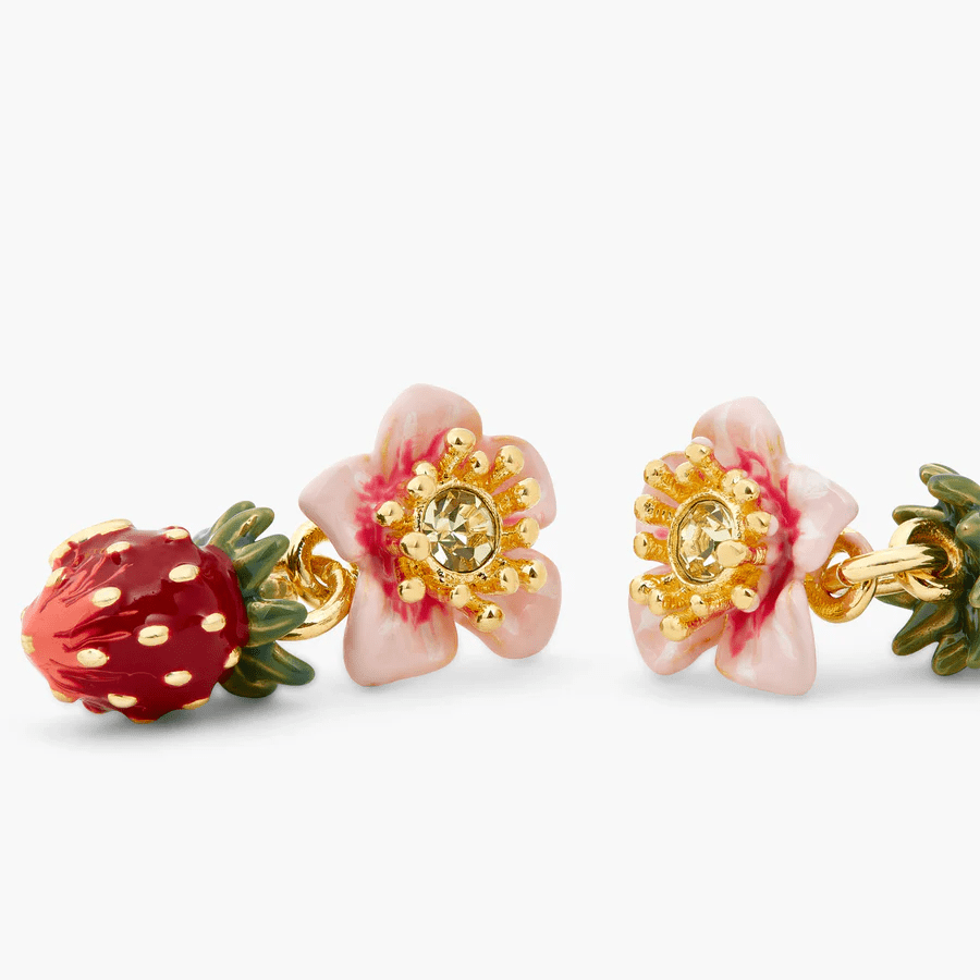 Wild strawberry and rose flower ball earrings