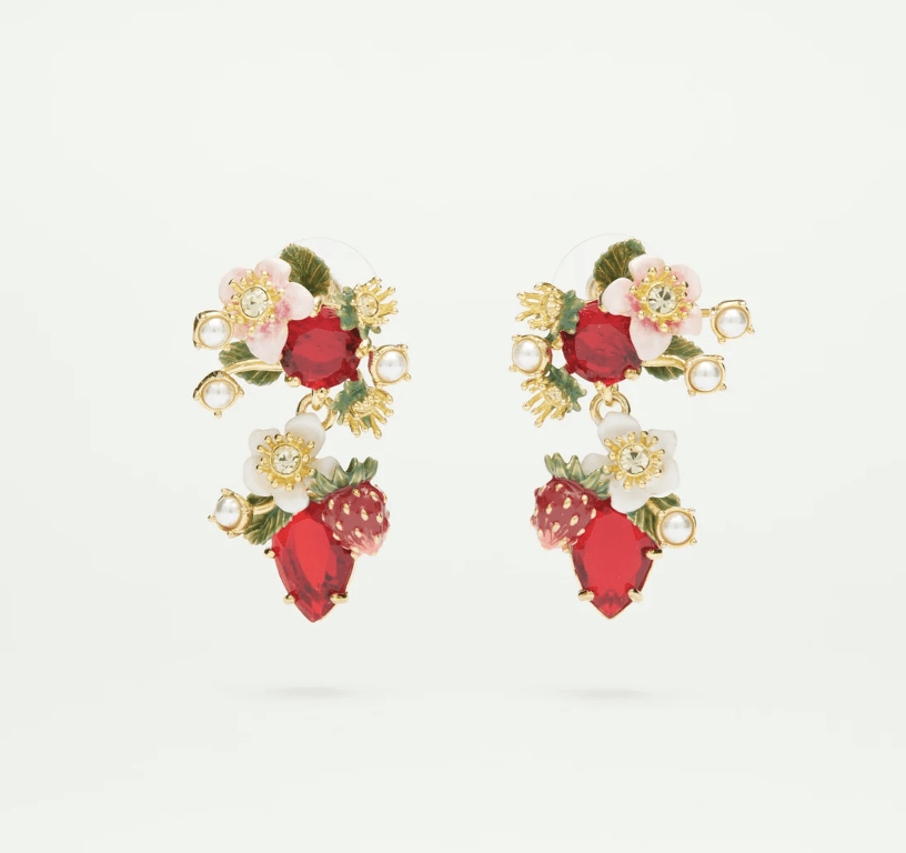 Wild strawberry and strawberry flower ball earrings