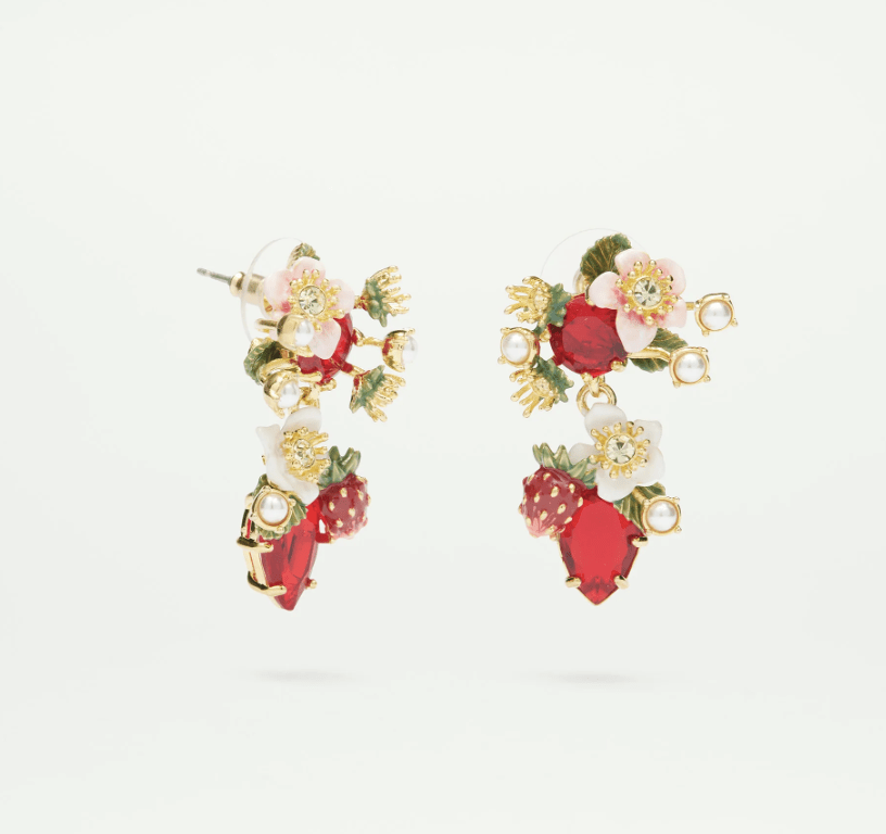 Wild strawberry and strawberry flower ball earrings