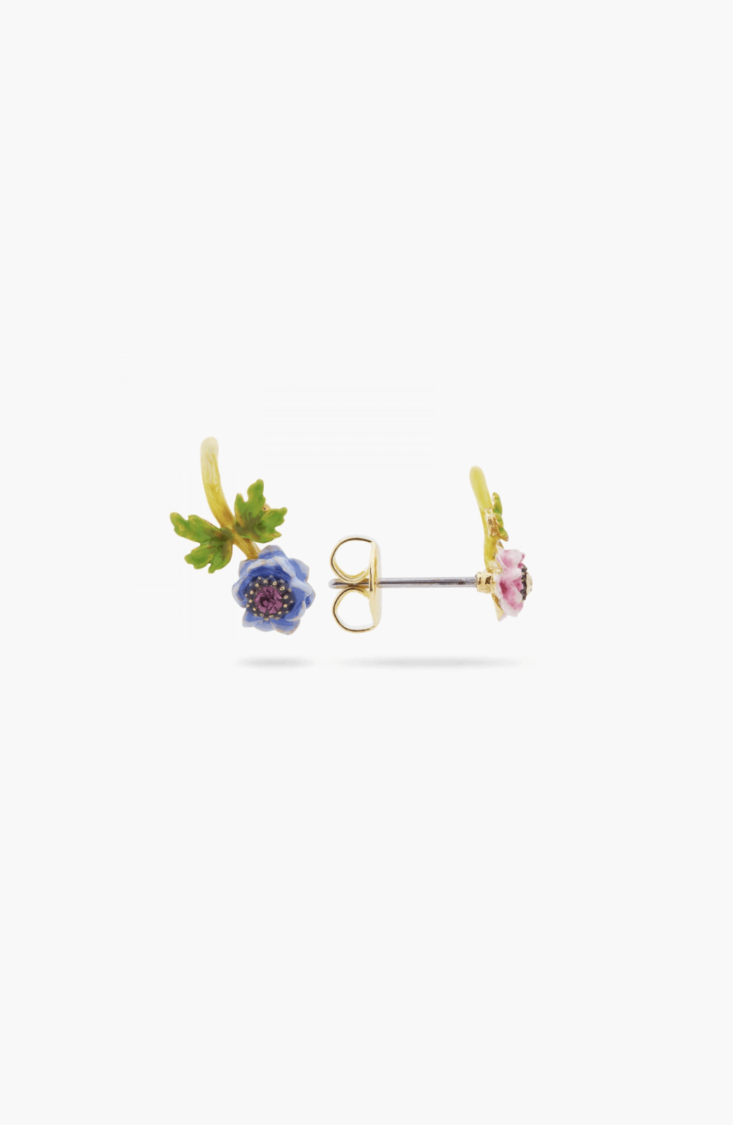 Pink and blue anemones asymmetrical ball earrings