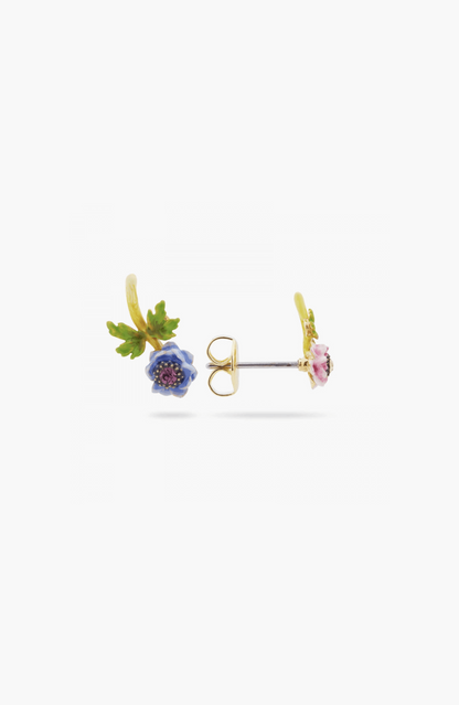 Pink and blue anemones asymmetrical ball earrings
