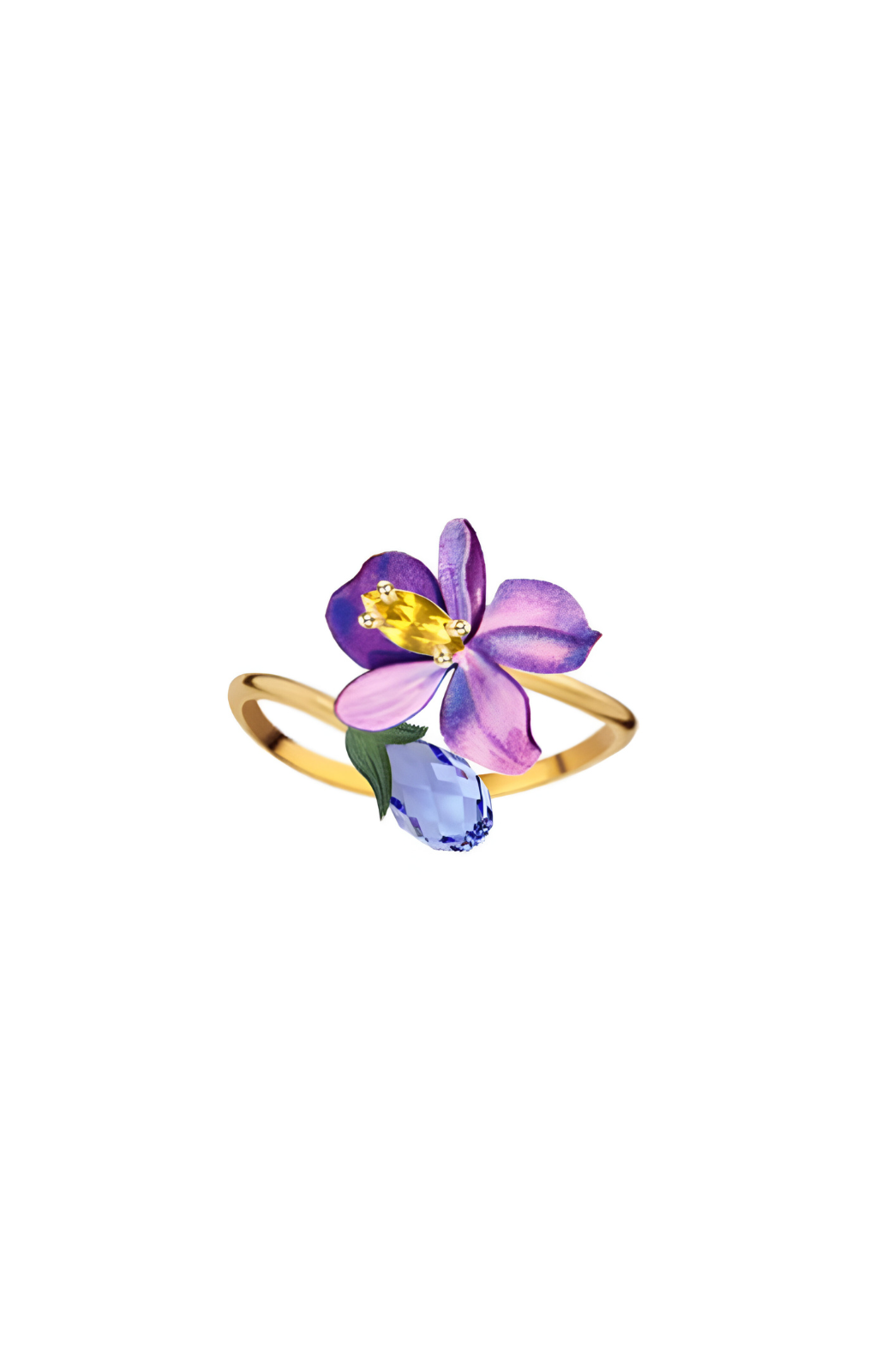 Anillo ajustable de flor violeta y piedra azul