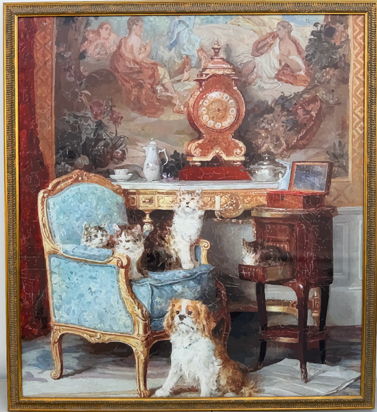 Cuadro de matrimonio (marco de madera) con impresión de mesa perro y gatitos